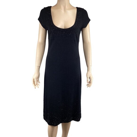 Karen Kane Black Beaded Scoop Neck‎ Dress Size Medium Knit Stretch Knee Length - Picture 1 of 7